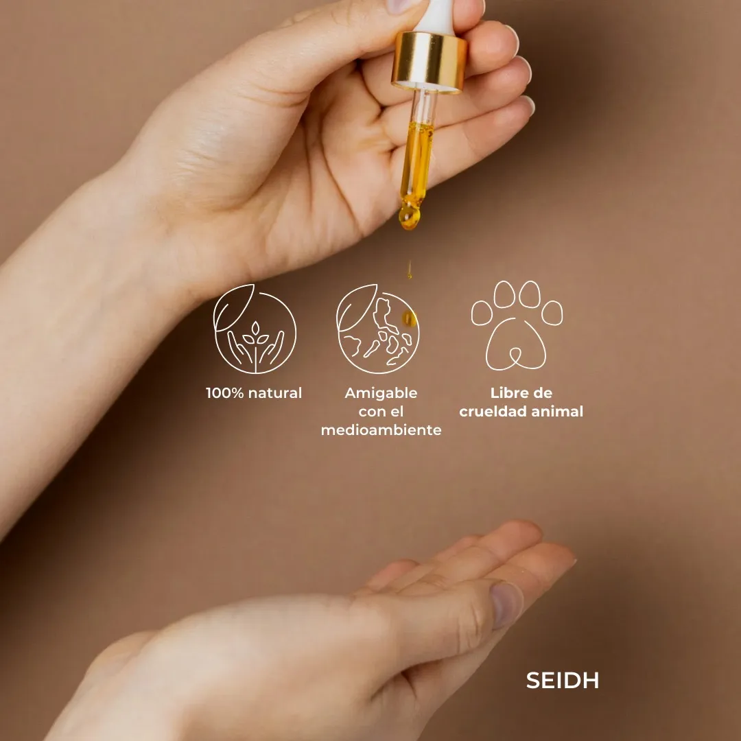 Gotero de sérum Seidh con íconos de 100% natural, amigable con el medioambiente y libre de crueldad animal